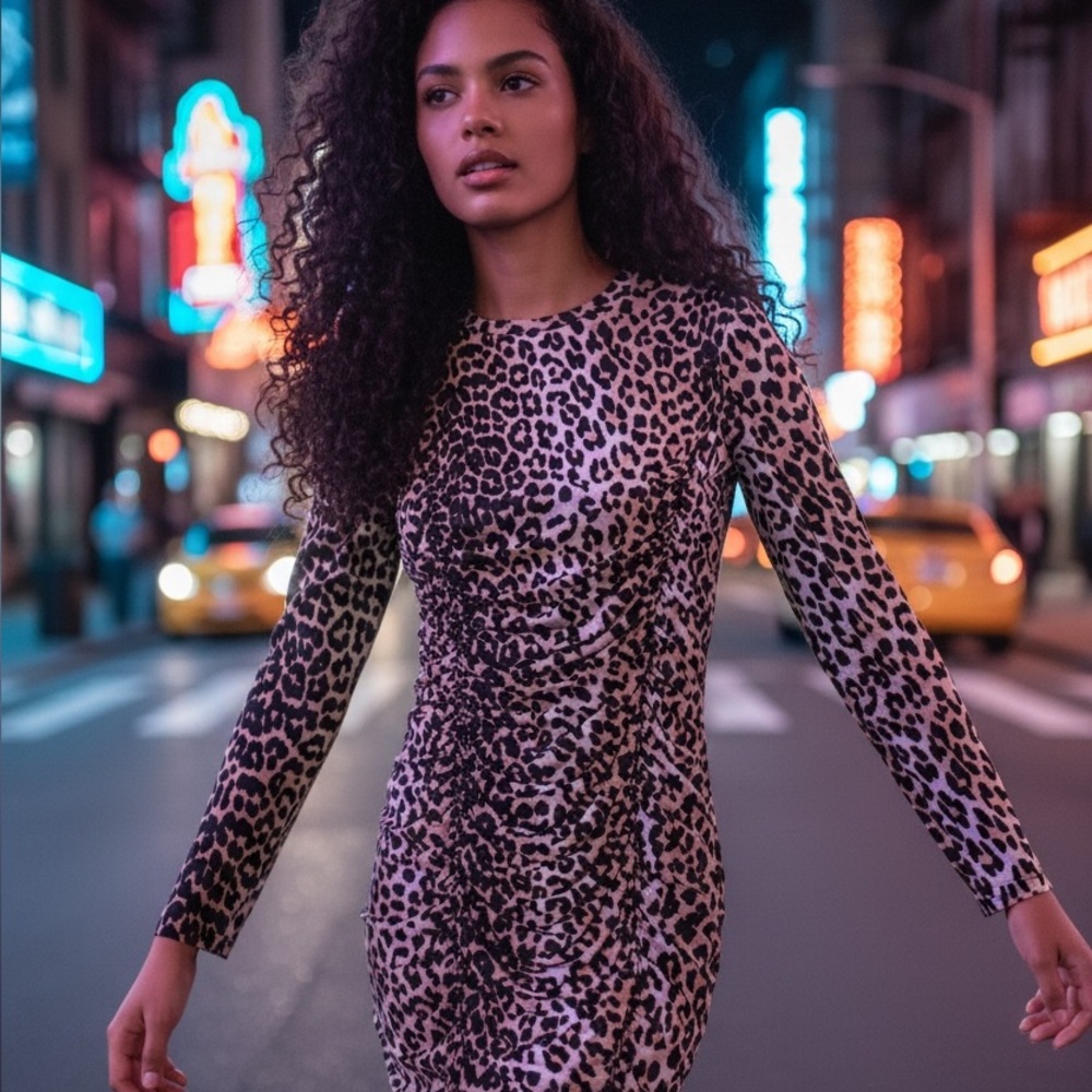 Ganni Black and Cream Animal Print Long Sleeve Dress